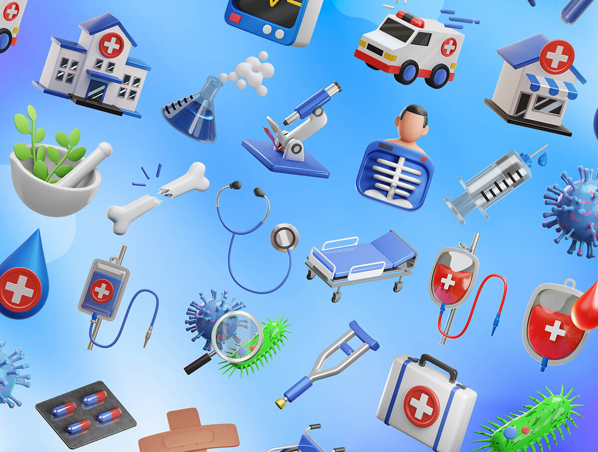 32个充满质感的医疗主题3D图标素材包