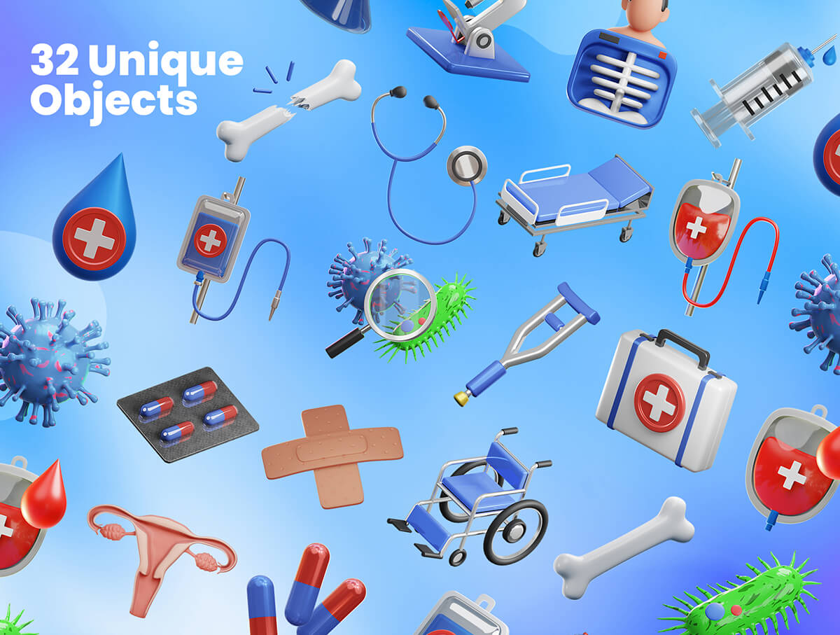 32个充满质感的医疗主题3D图标素材包