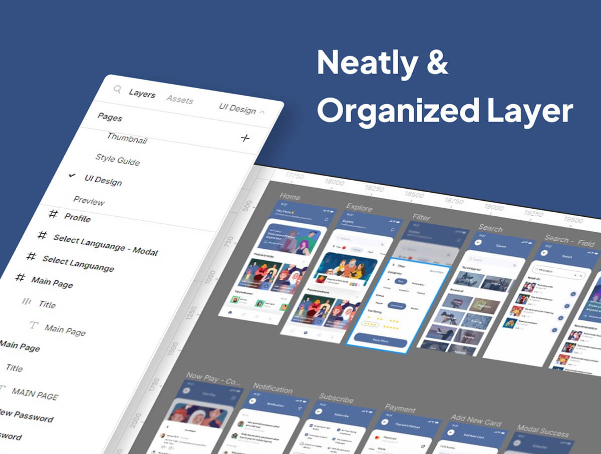 40个高级蓝播客主题APP UI界面素材包