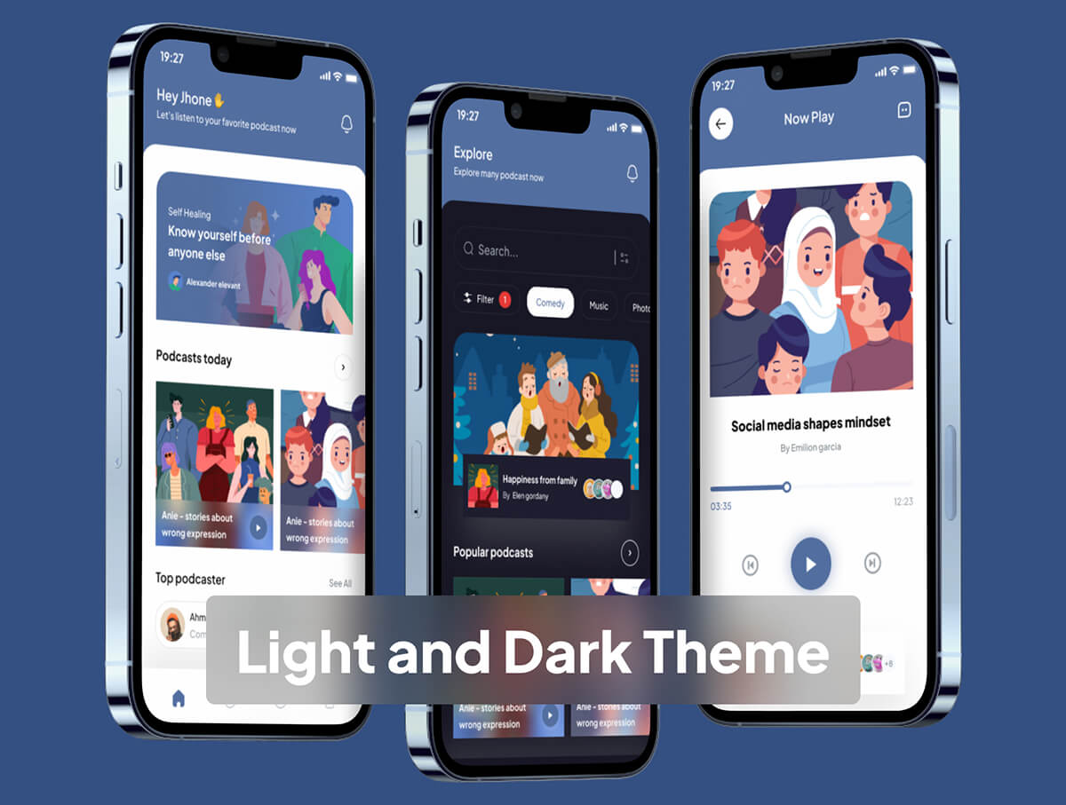 40个高级蓝播客主题APP UI界面素材包
