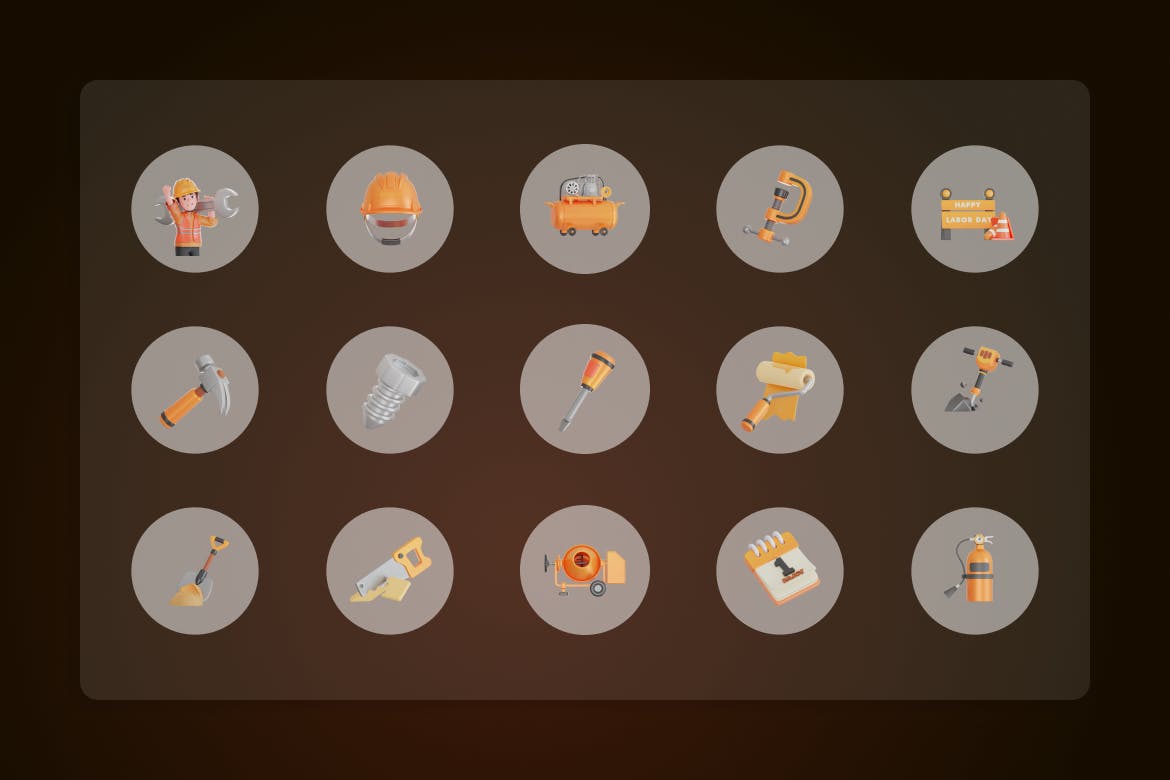 15个劳动节主题3D图标素材包（Blender）