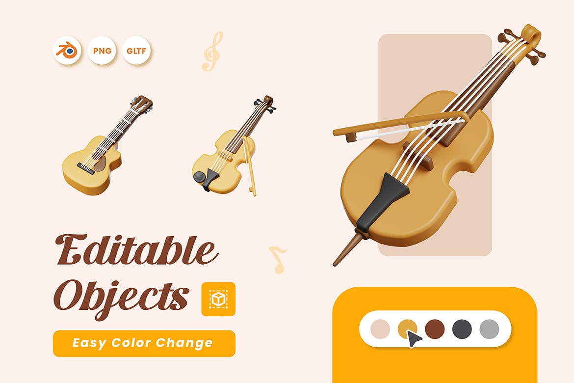 20个乐器相关3D图标素材包（Blender）