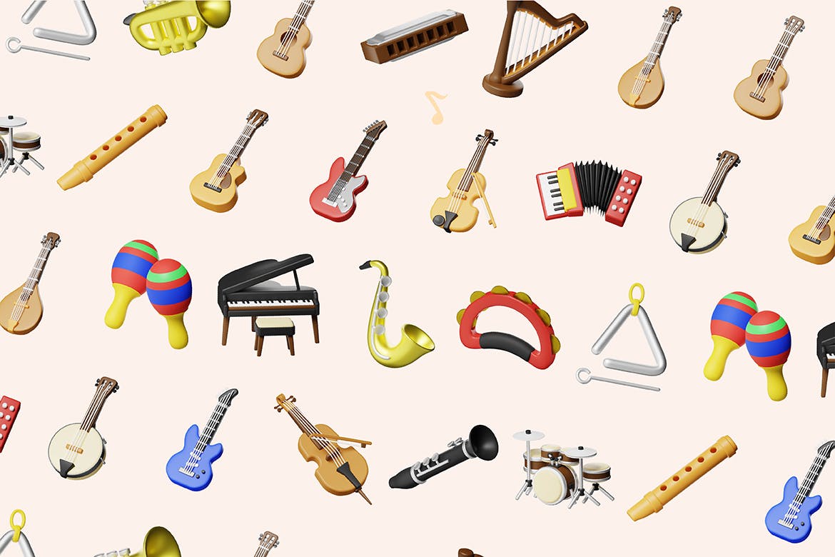 20个乐器相关3D图标素材包（Blender）