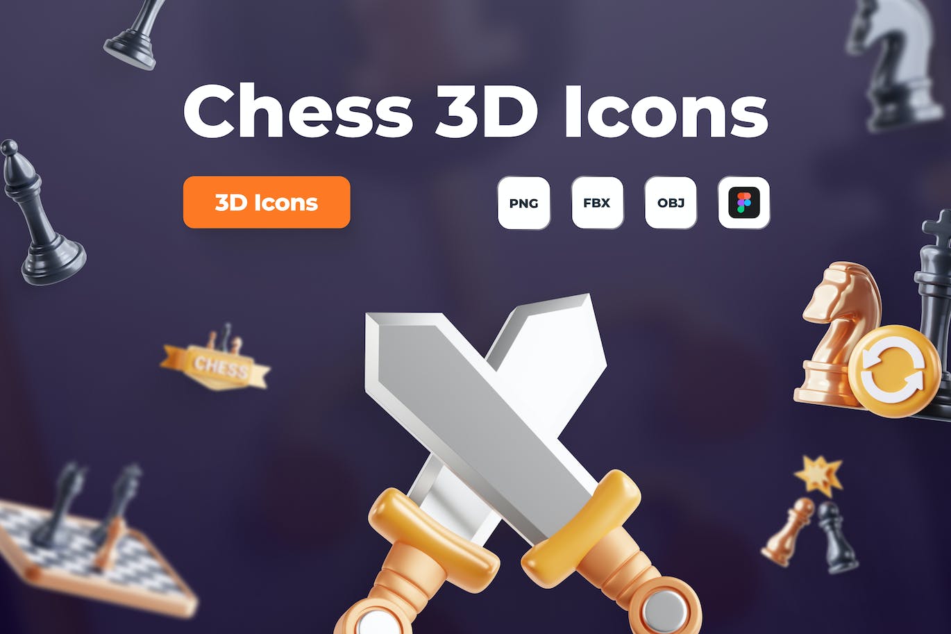 10个质感强烈的3D国际象棋图标素材包（OBJ）