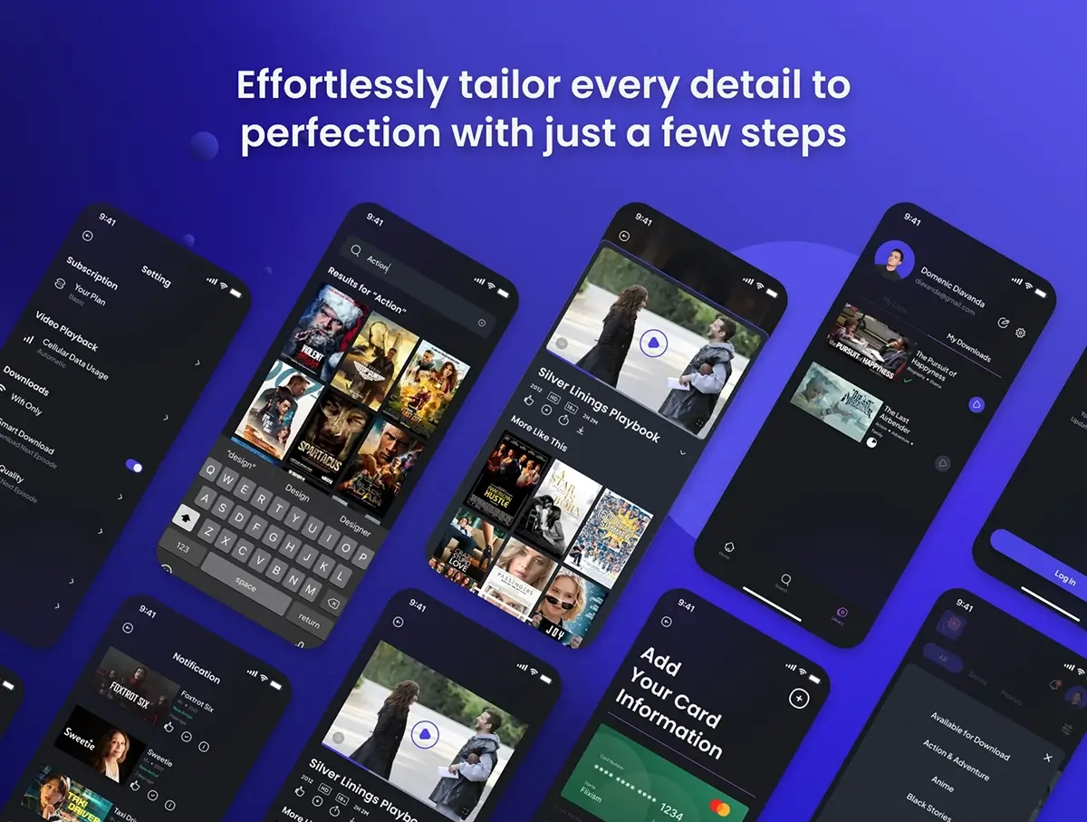 46个紫色电影流媒体应用APP UI界面素材包（Figma）