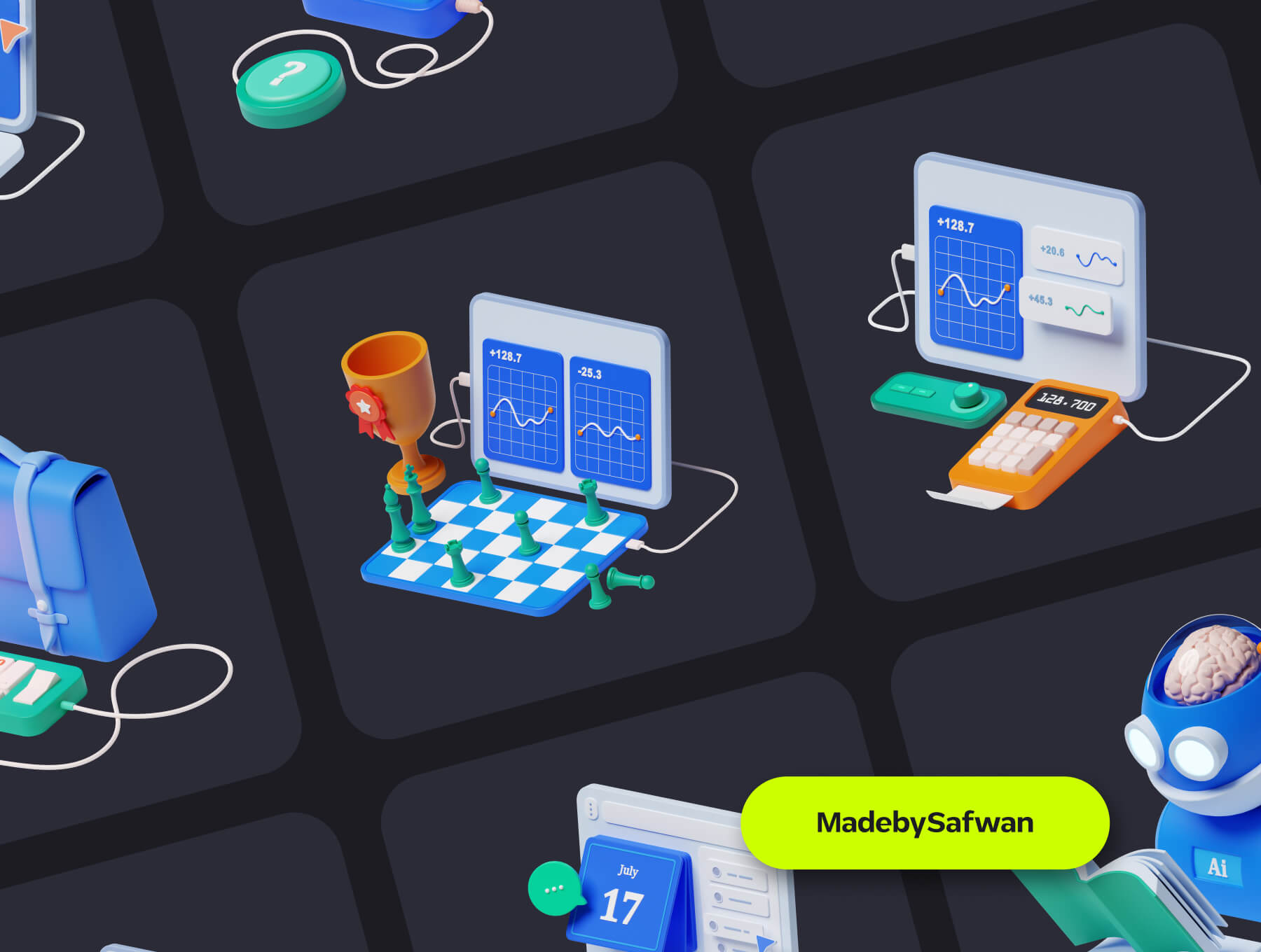 25个蓝色可做为启动页的多风格3D图标素材包