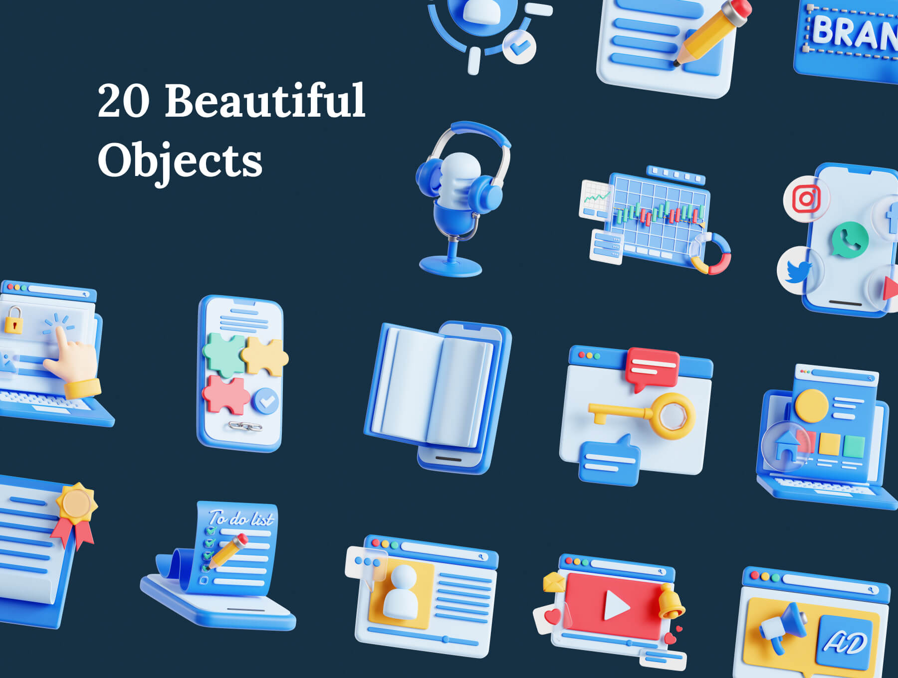 20个漂亮的3D内容营销图标素材包(Blender)