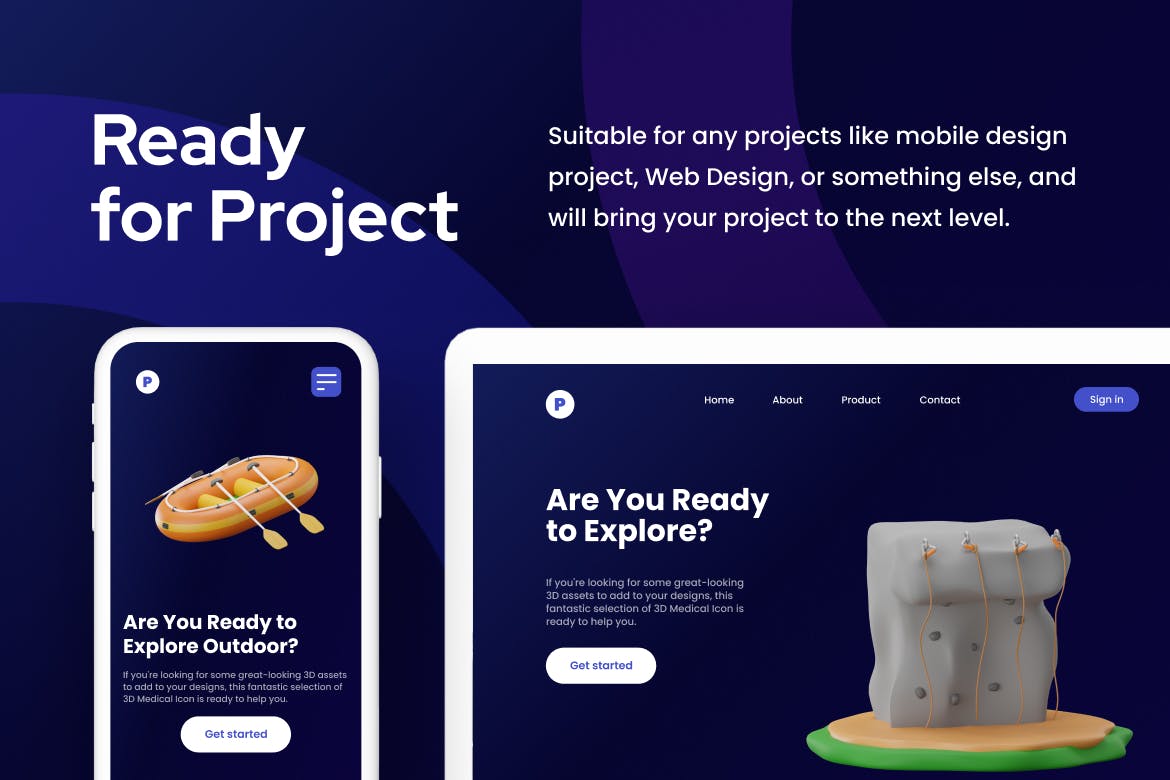 10个户外探险主题3D图标素材包（PNG,OBJ）