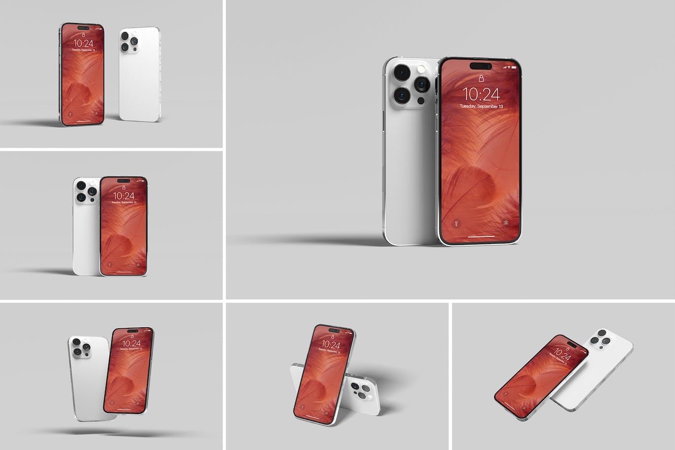 6个银色iPhone 14 Pro Max手机样机PSD素材包