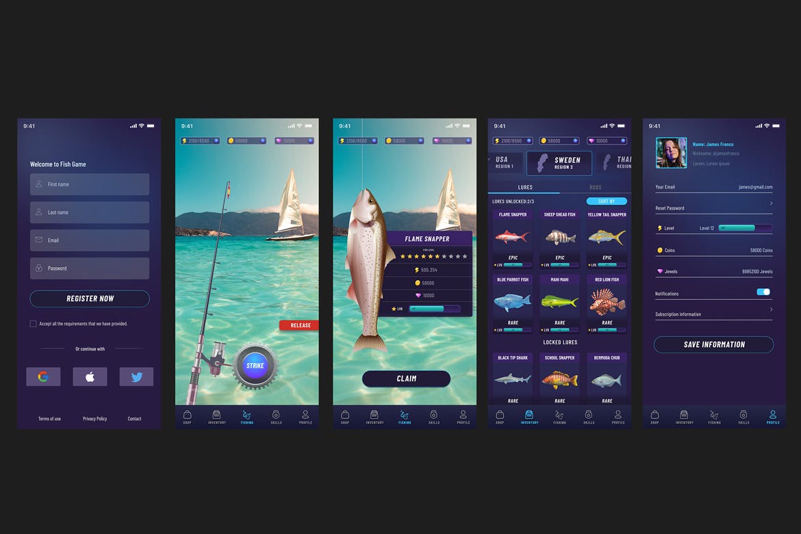 少见的暗黑钓鱼游戏风格APP UI界面素材包