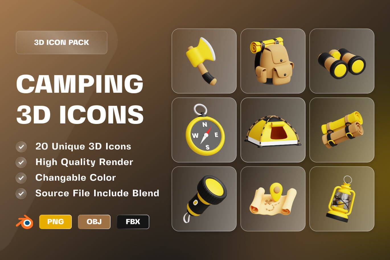 20个露营主题3D插画图标素材（PNG,fbx,obj,blend）