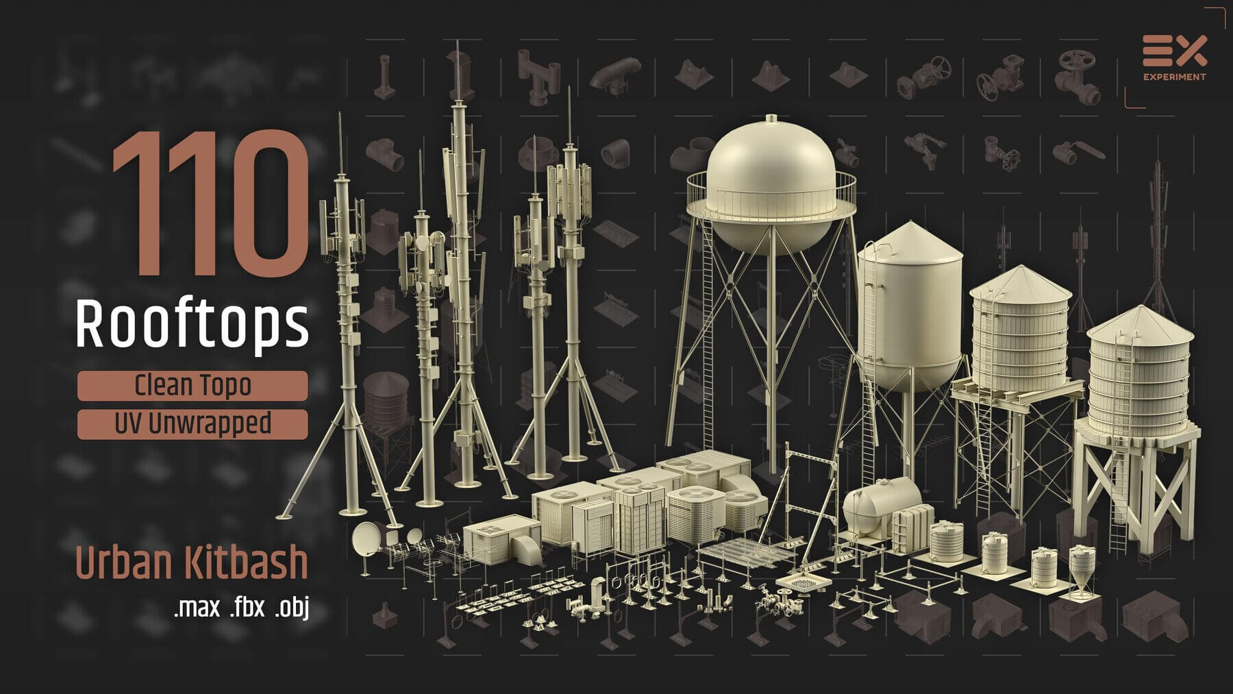 工业风十足的管道、阀门、天线、手机信号塔、烟囱、管道支架和水箱C4D素材包