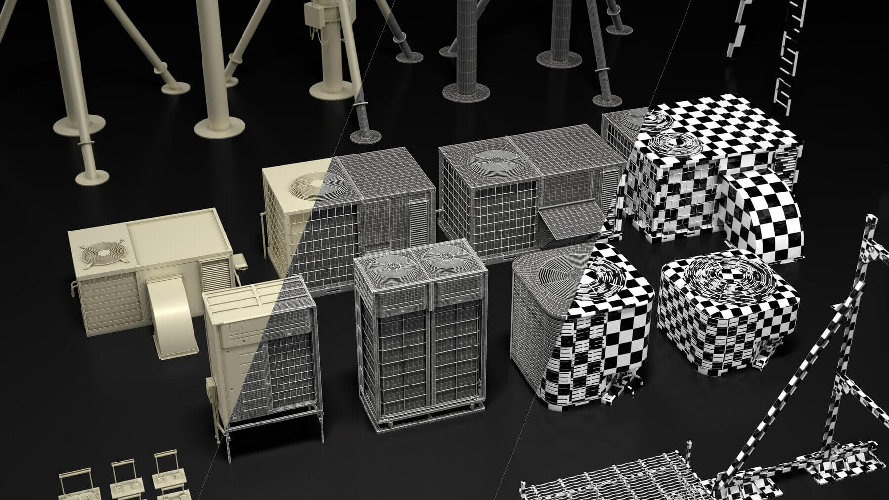 工业风十足的管道、阀门、天线、手机信号塔、烟囱、管道支架和水箱C4D素材包