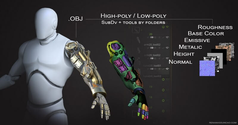 一套设计精致的机械手臂3D模型素材包