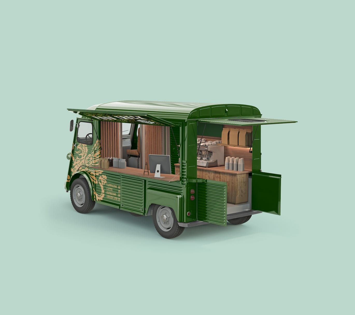 少见的打开后箱老式食品卡车PSD样机素材