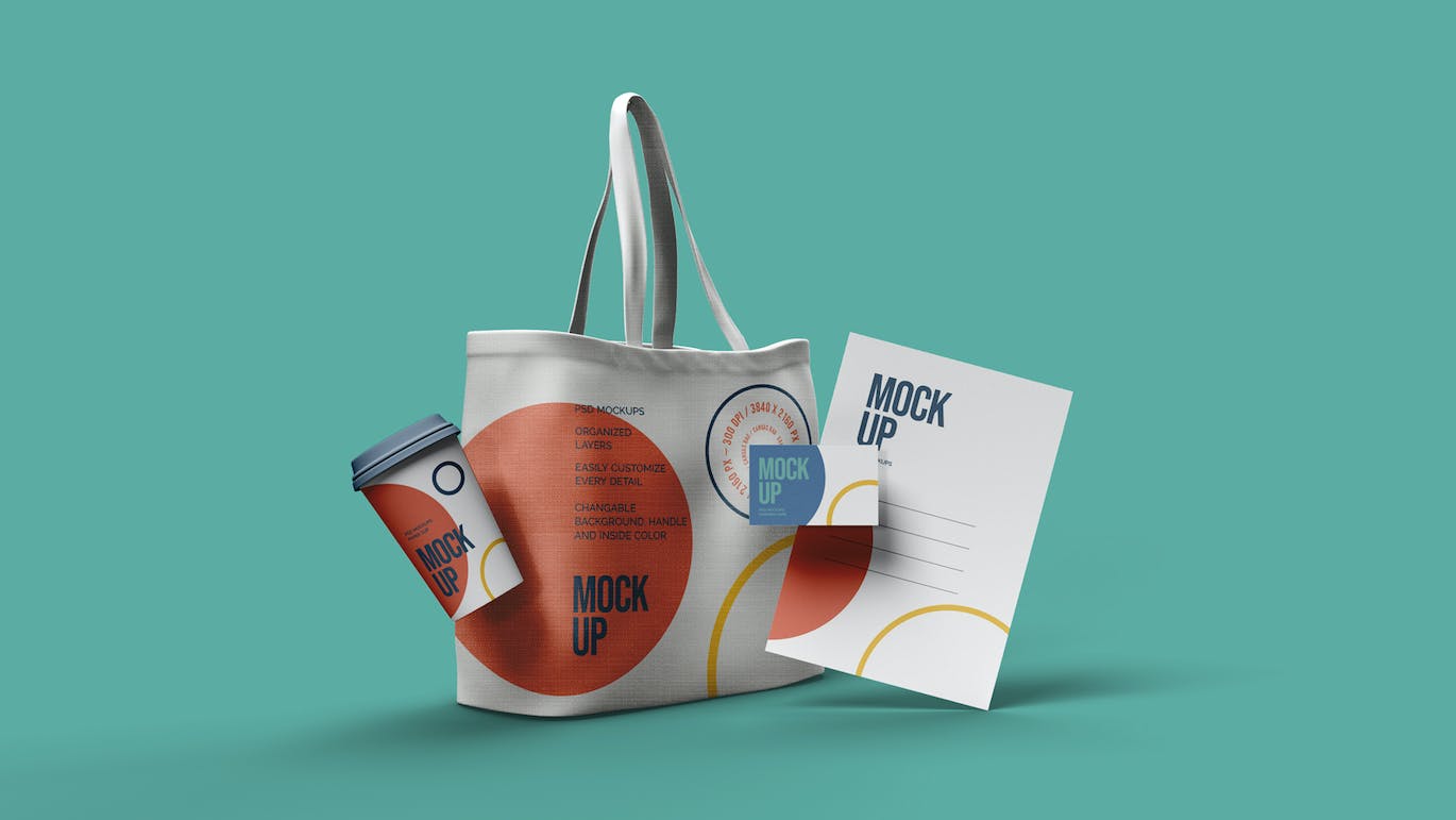 手提袋名片和信笺组合PSD样机素材包