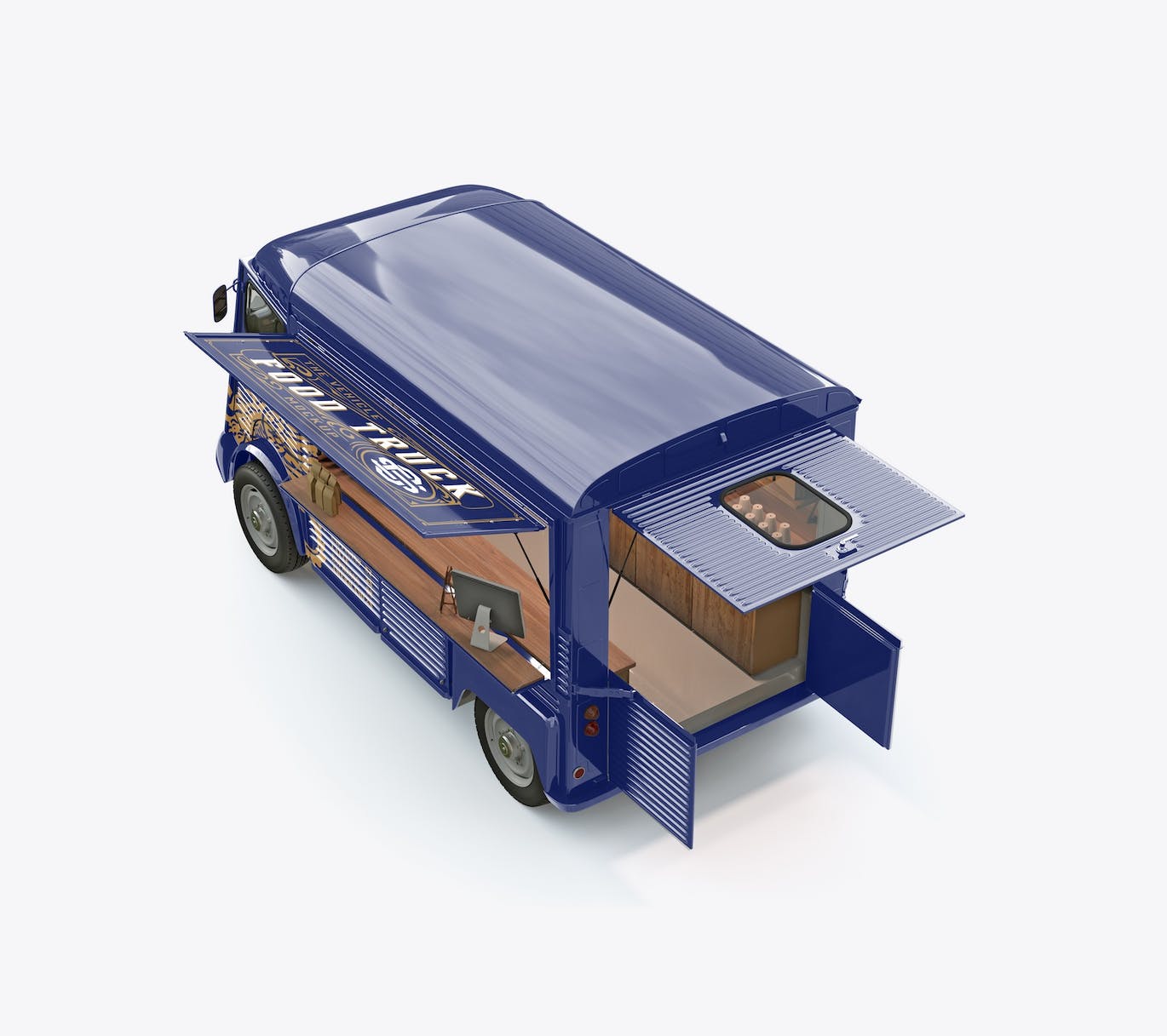 少见的打开后箱老式食品卡车PSD样机素材