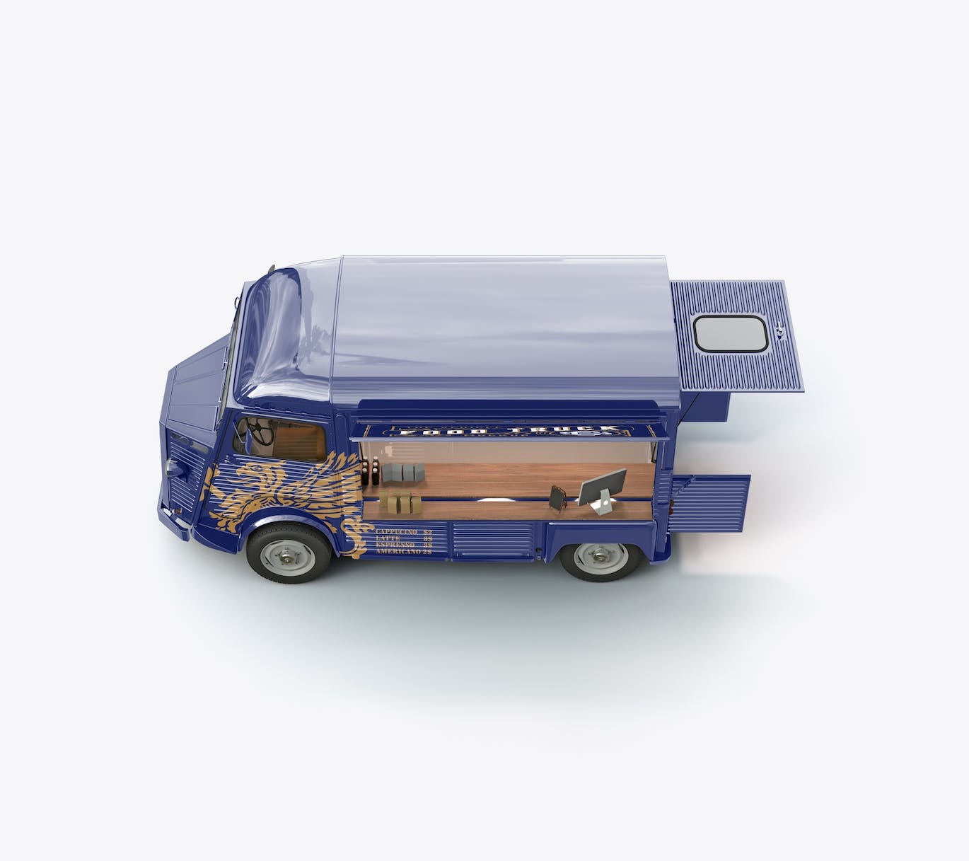 少见的打开后箱老式食品卡车PSD样机素材