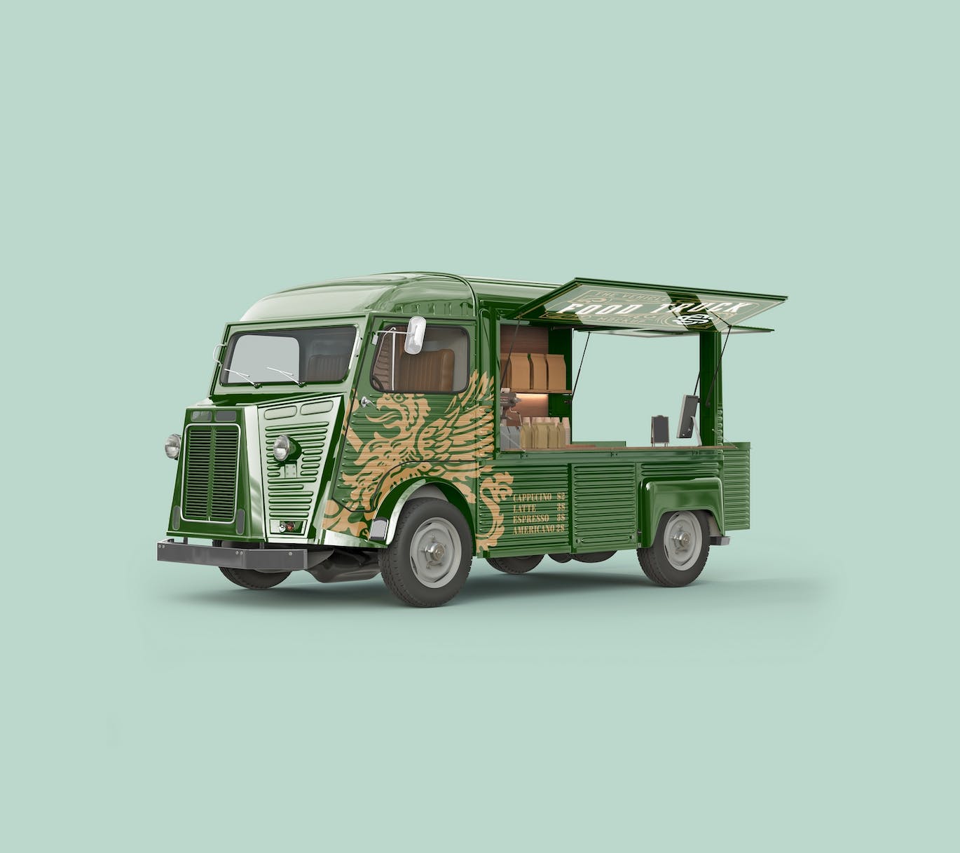 少见的打开后箱老式食品卡车PSD样机素材