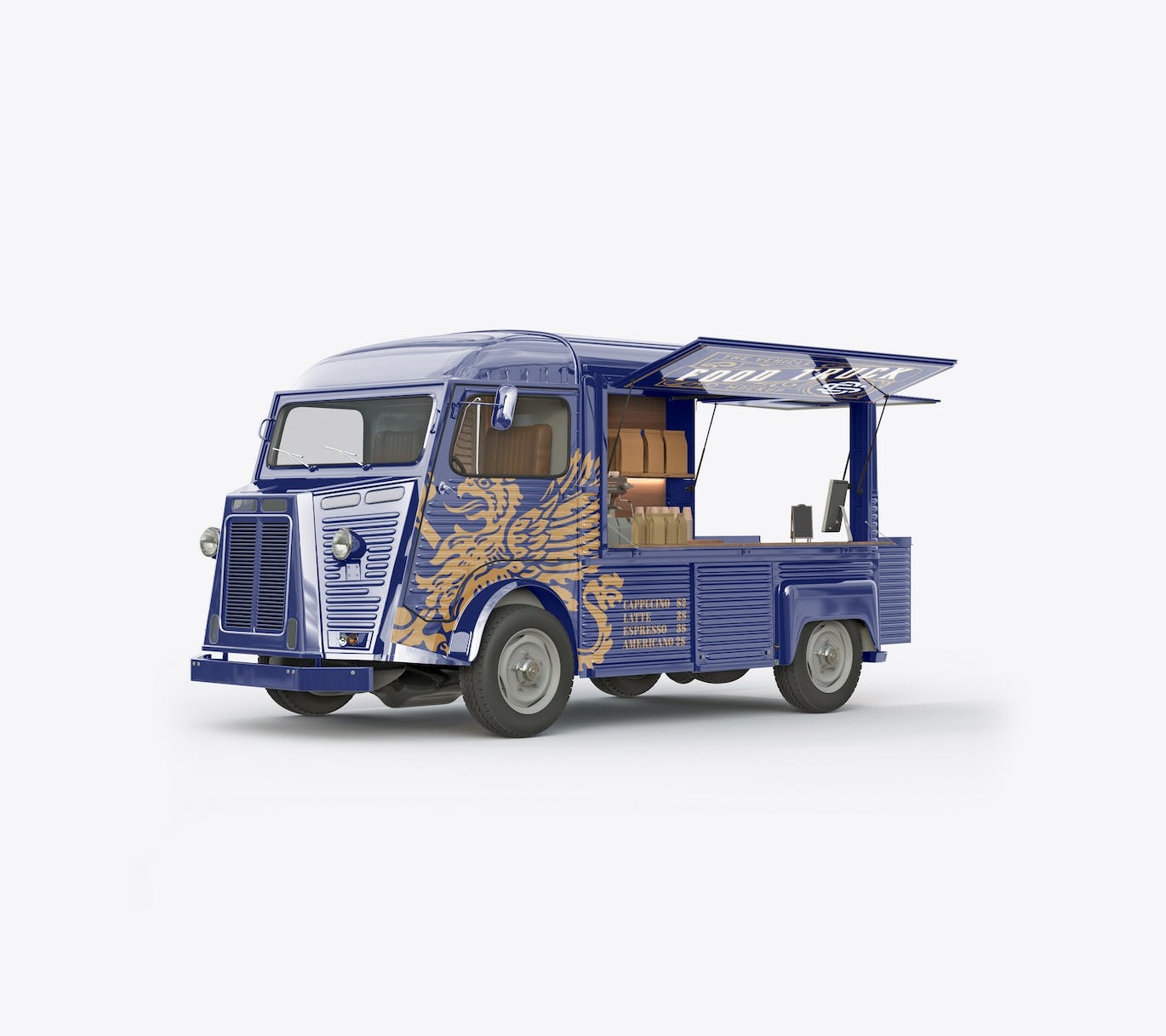 少见的打开后箱老式食品卡车PSD样机素材