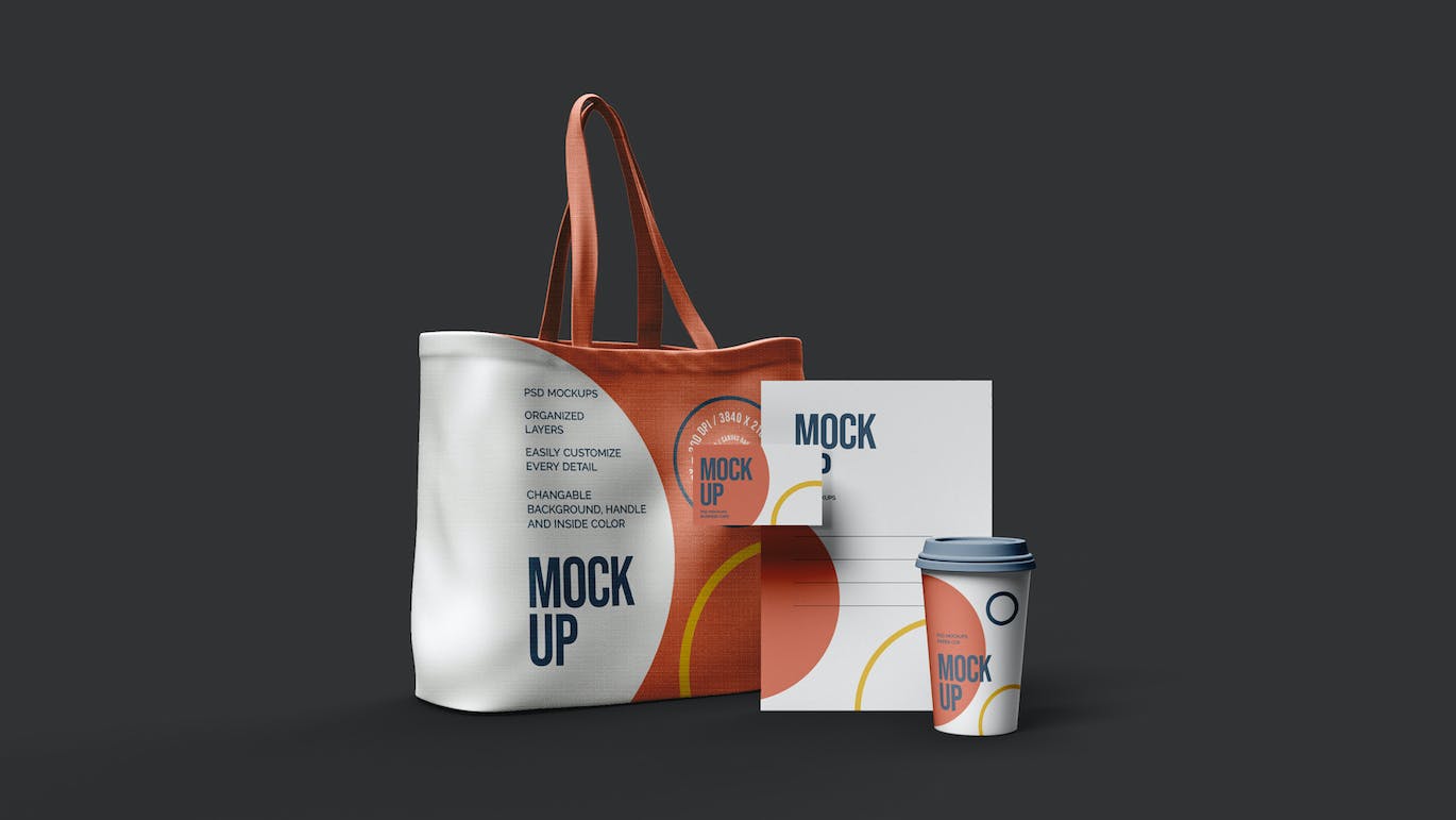 手提袋名片和信笺组合PSD样机素材包