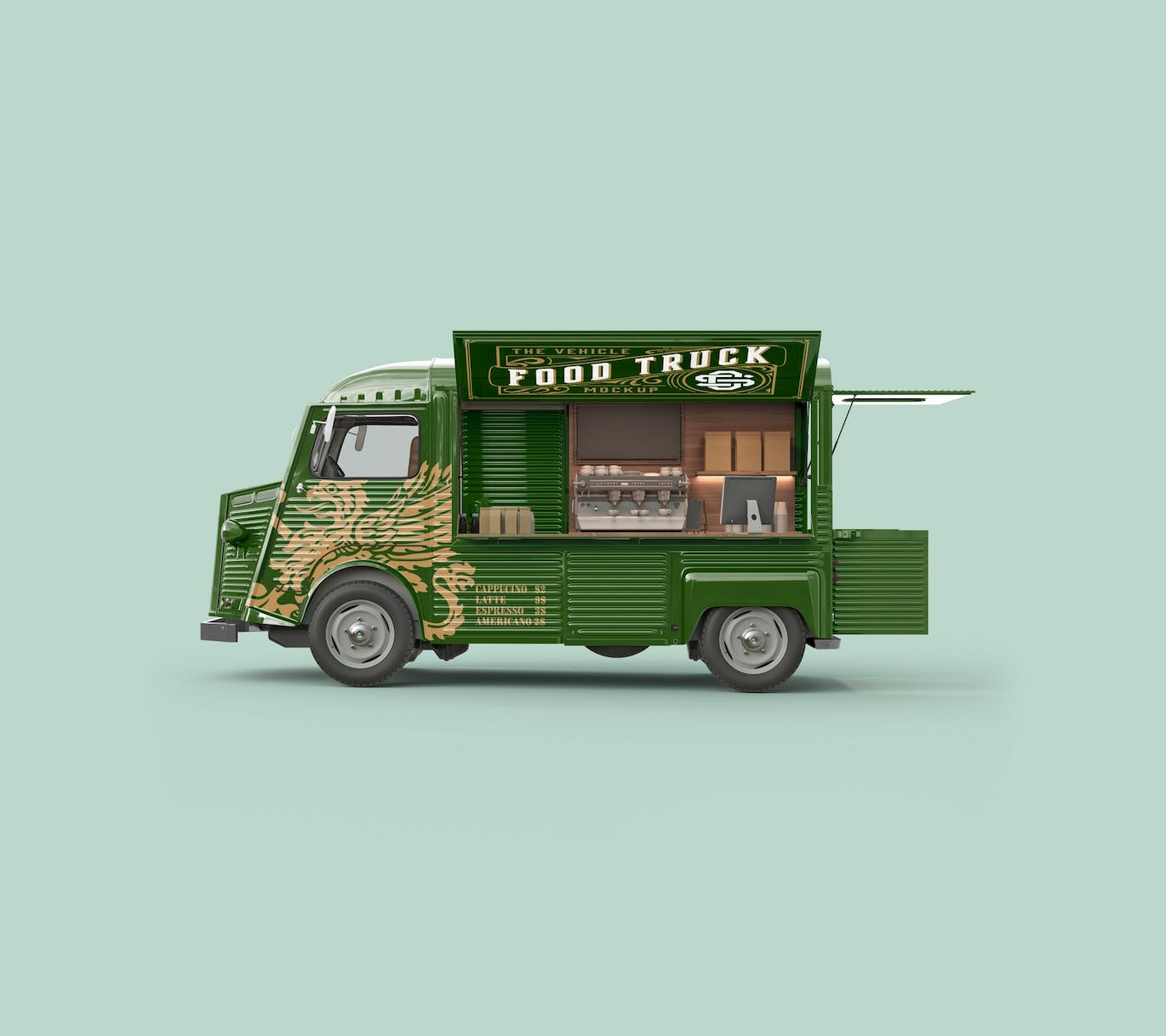 少见的打开后箱老式食品卡车PSD样机素材