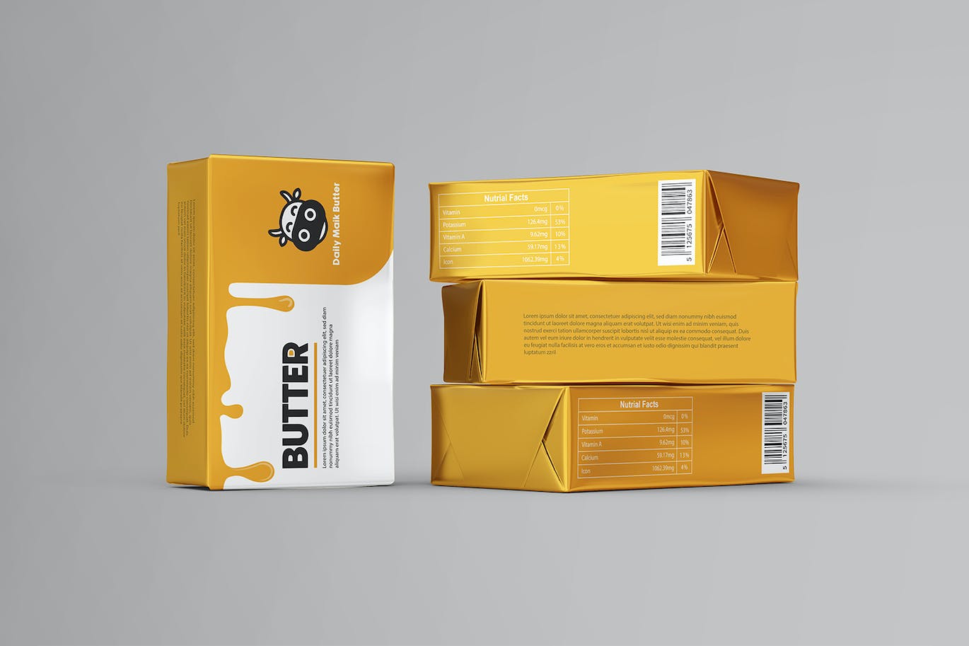 7个逼真有质感的3D黄油箔包装PSD模型素材