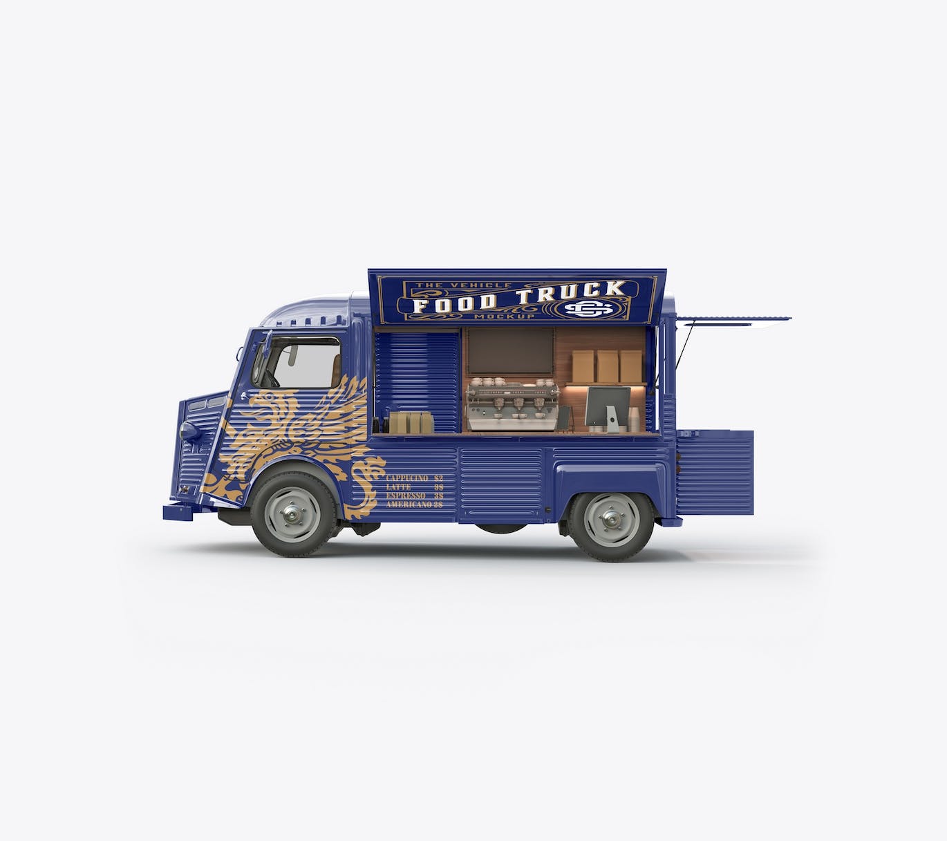 少见的打开后箱老式食品卡车PSD样机素材