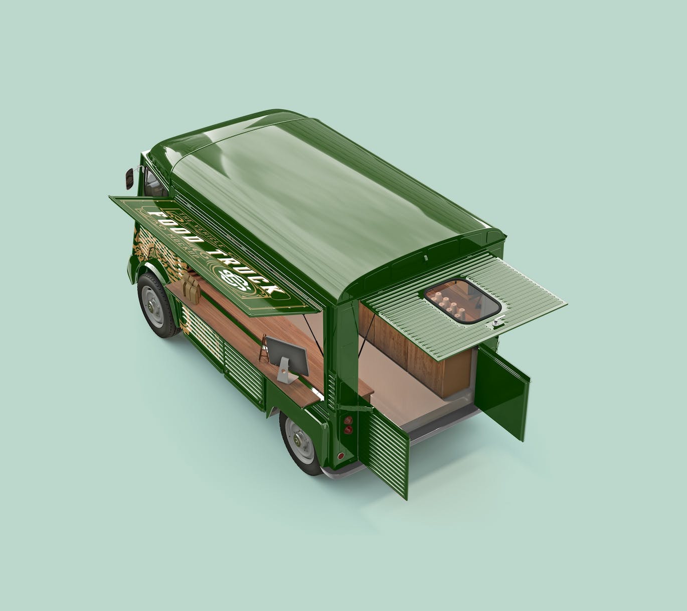 少见的打开后箱老式食品卡车PSD样机素材