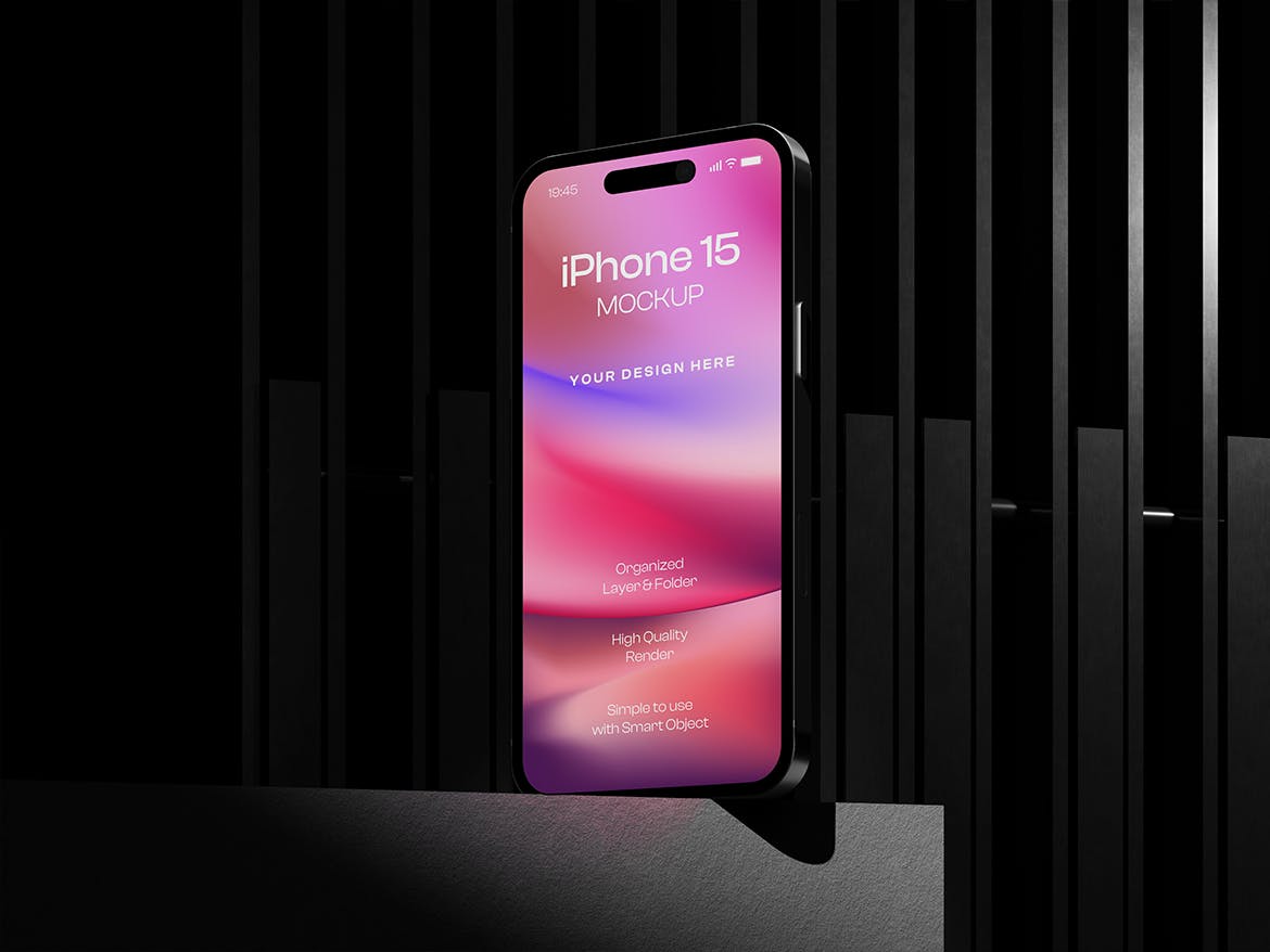黑色iPhone 15手机3D台面场景PSD样机素材