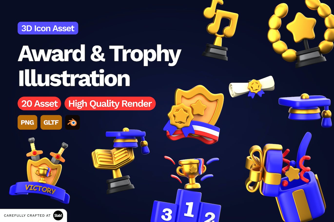 20个金色3D奖杯勋章图标素材包（PNG,Blender）