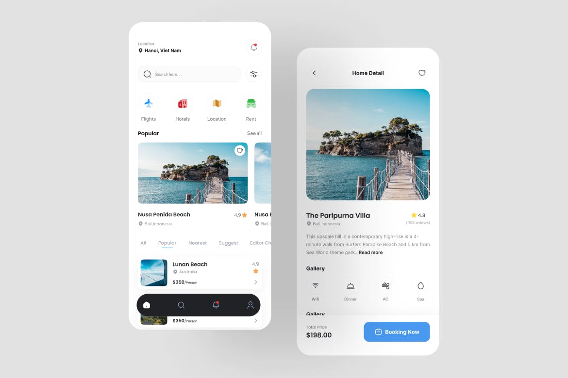 蓝色清爽旅行旅游酒店预订APP UI界面素材包（Figma）