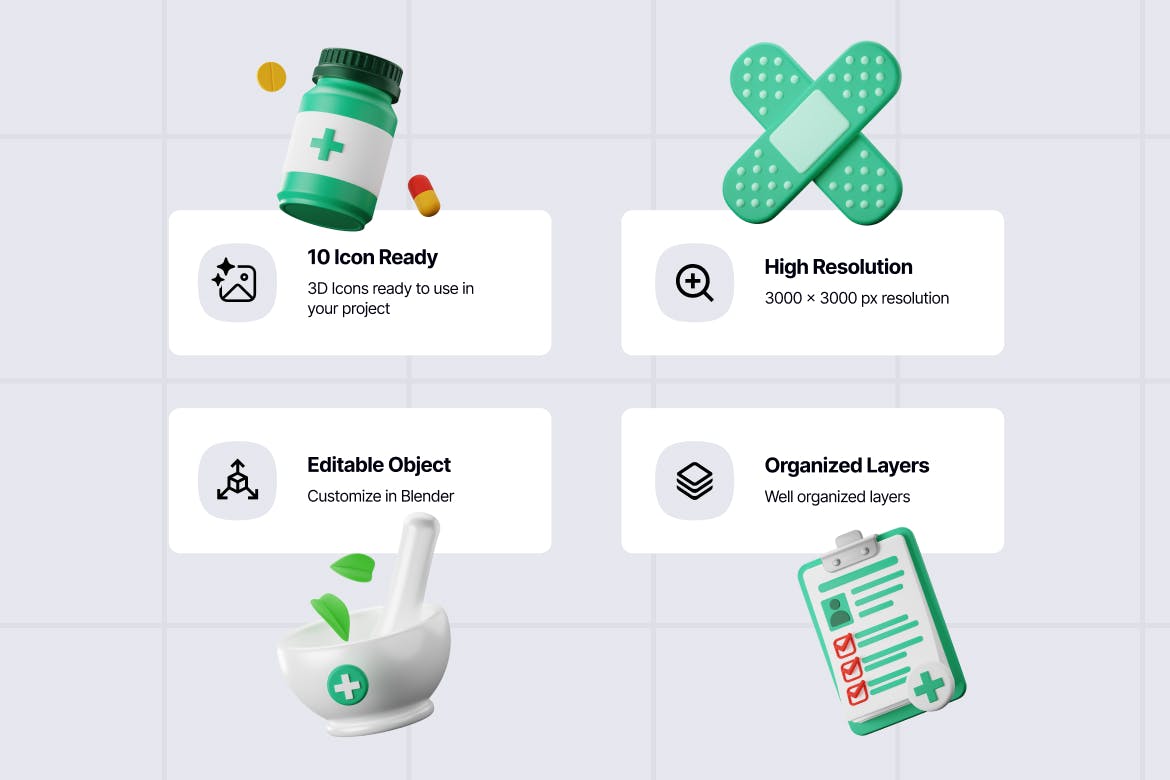 绿色医疗主题3D图标素材包(PNG,blend,obj)-4 绿色医疗主题3D图标素材包(PNG,blend,OBJ)