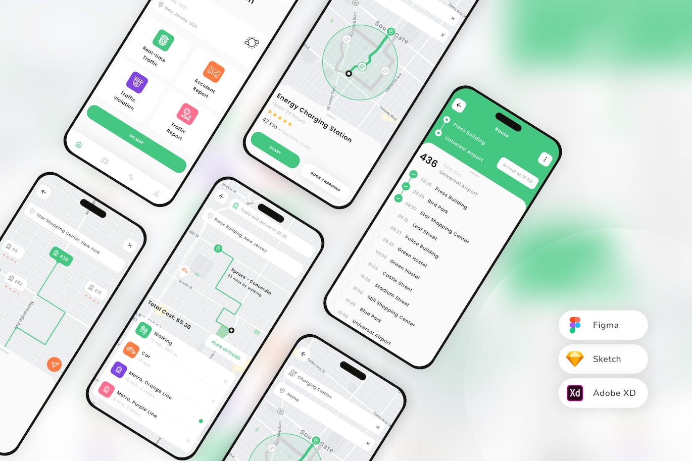 绿色交通导航移动APP UI界面素材包(SKETCH,FIGMA,XD)-1 绿色交通导航移动APP UI界面素材包(SKETCH,FIGMA,XD)