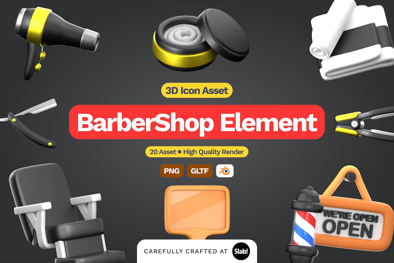 黑色理发美容主题3D图标素材包（PNG,blend）