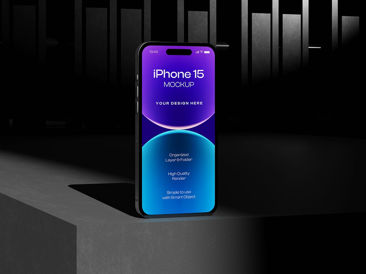 黑色iPhone 15手机3D台面场景PSD样机素材