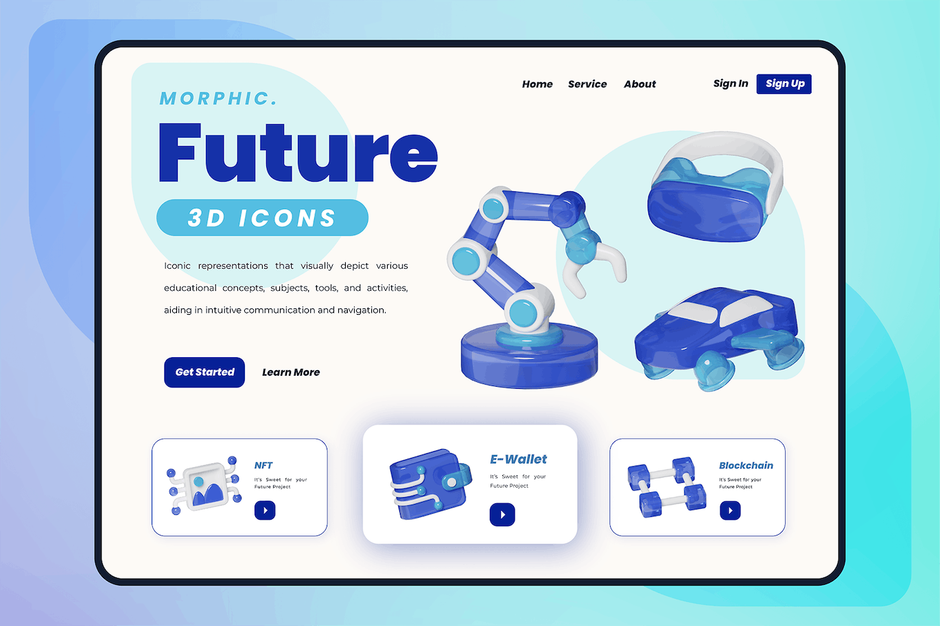 20个蓝色未来科技风3D图标素材包