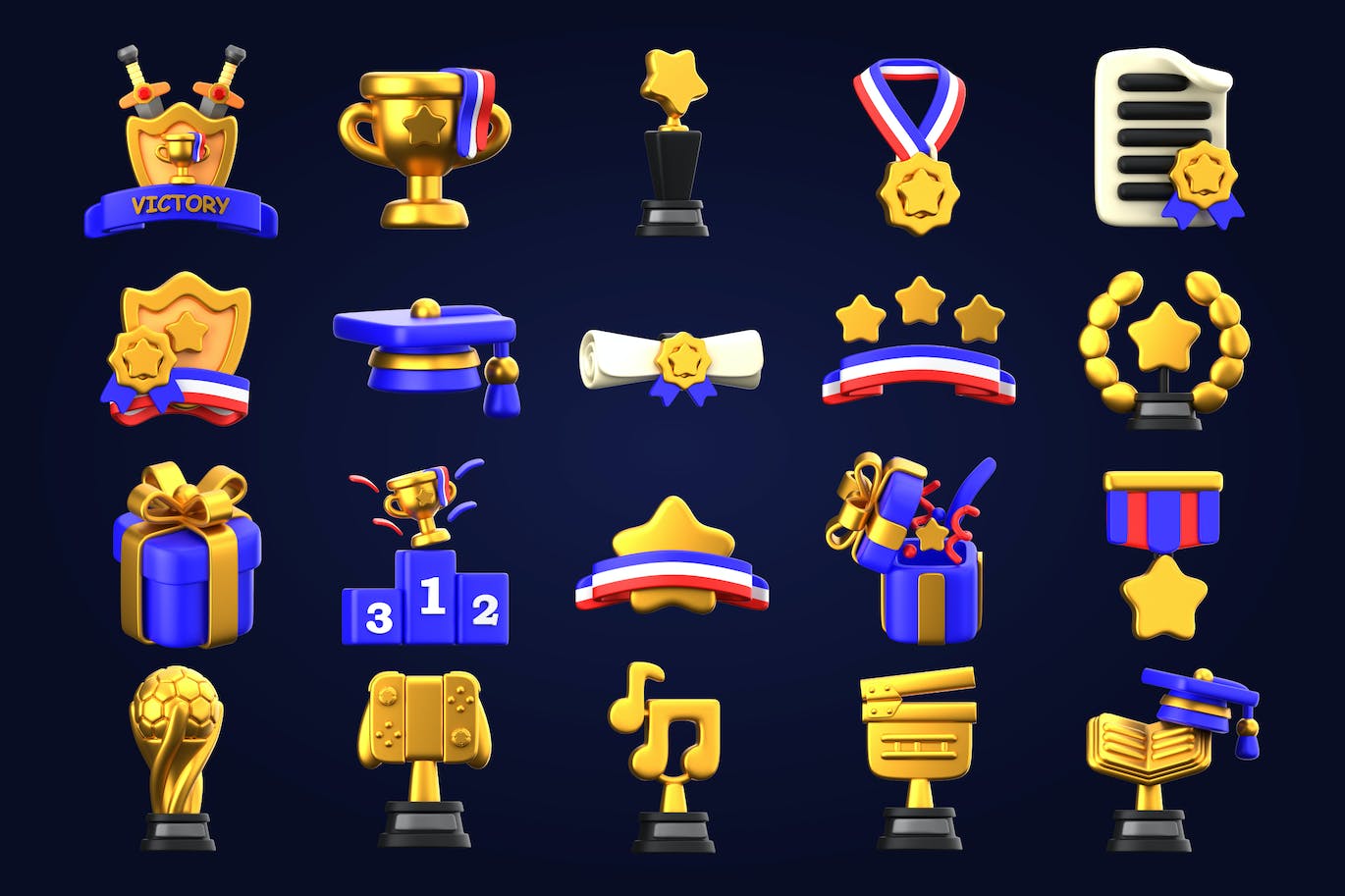 20个金色3D奖杯勋章图标素材包（PNG,Blender）