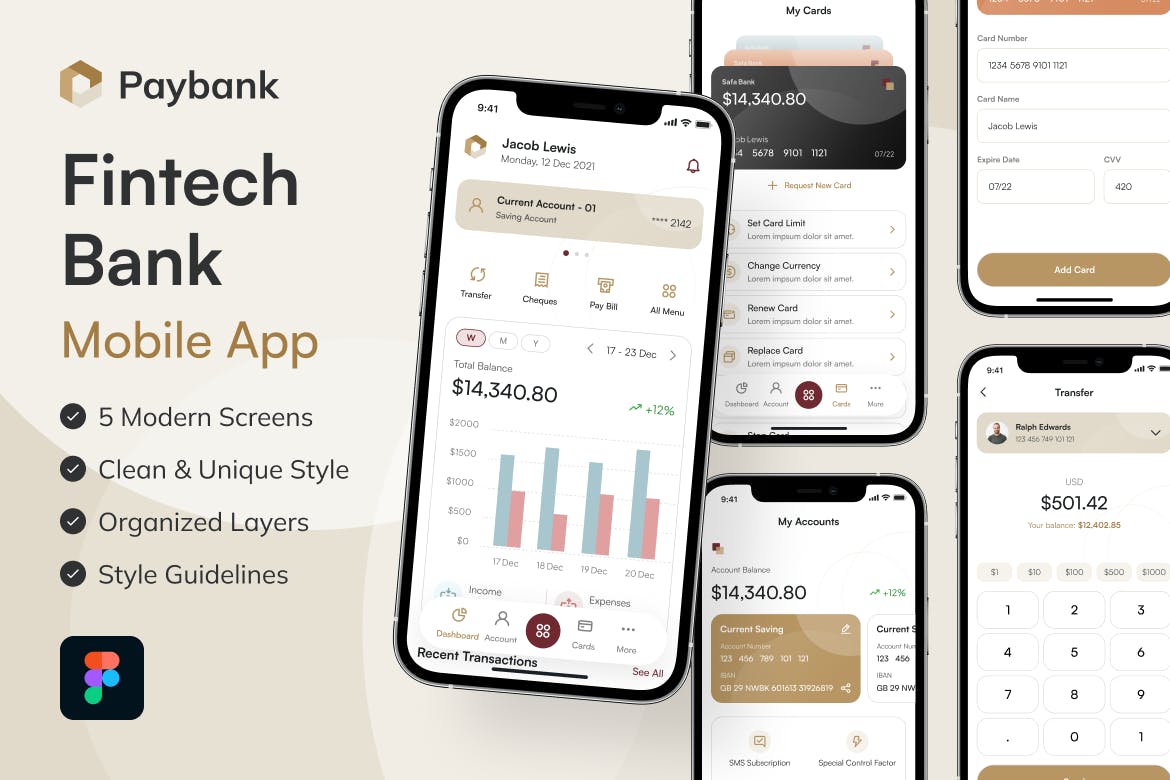 金色银行金融移动应用APP UI界面素材包（Figma）