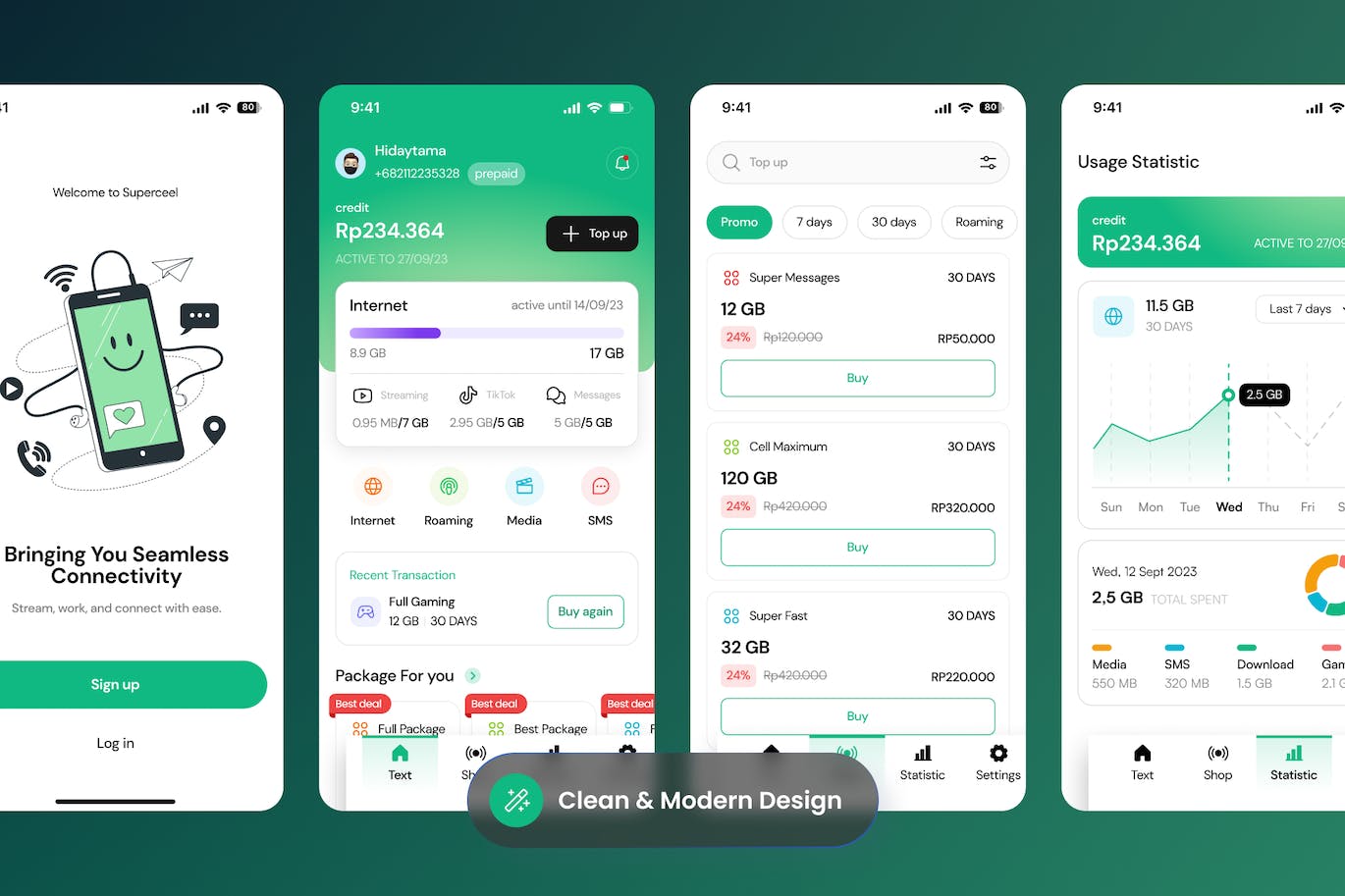 绿色互联网提供商流量计算移动APP UI界面素材包（Figma）