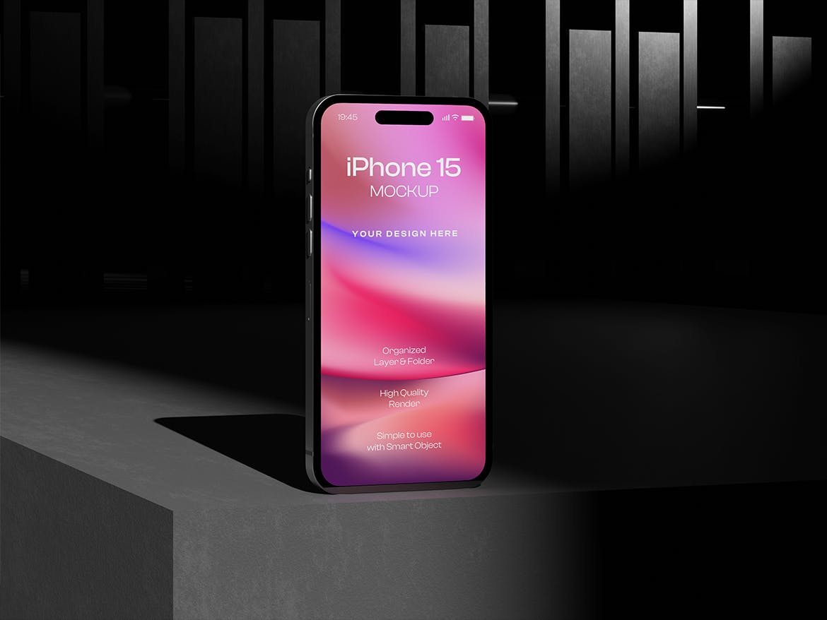 黑色iPhone 15手机3D台面场景PSD样机素材