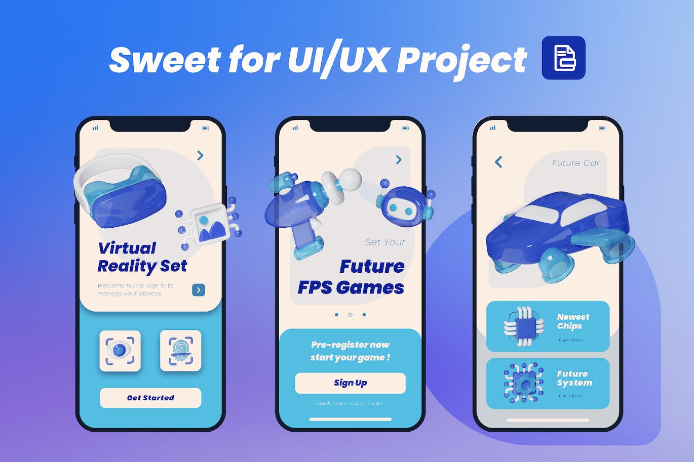 20个蓝色未来科技风3D图标素材包