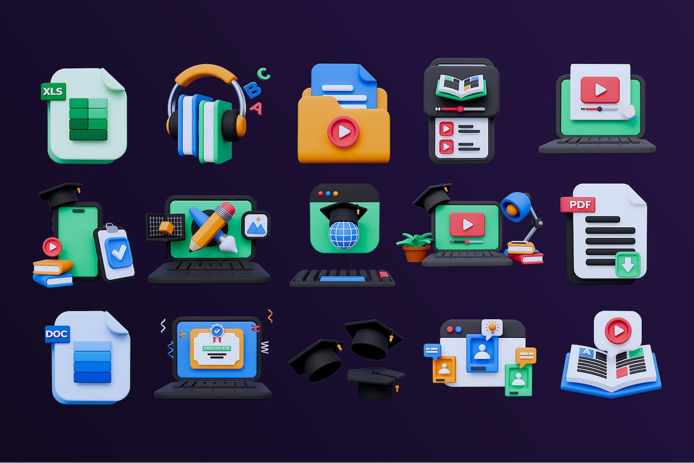 15个细节精致的在线教育学习3D图标素材包