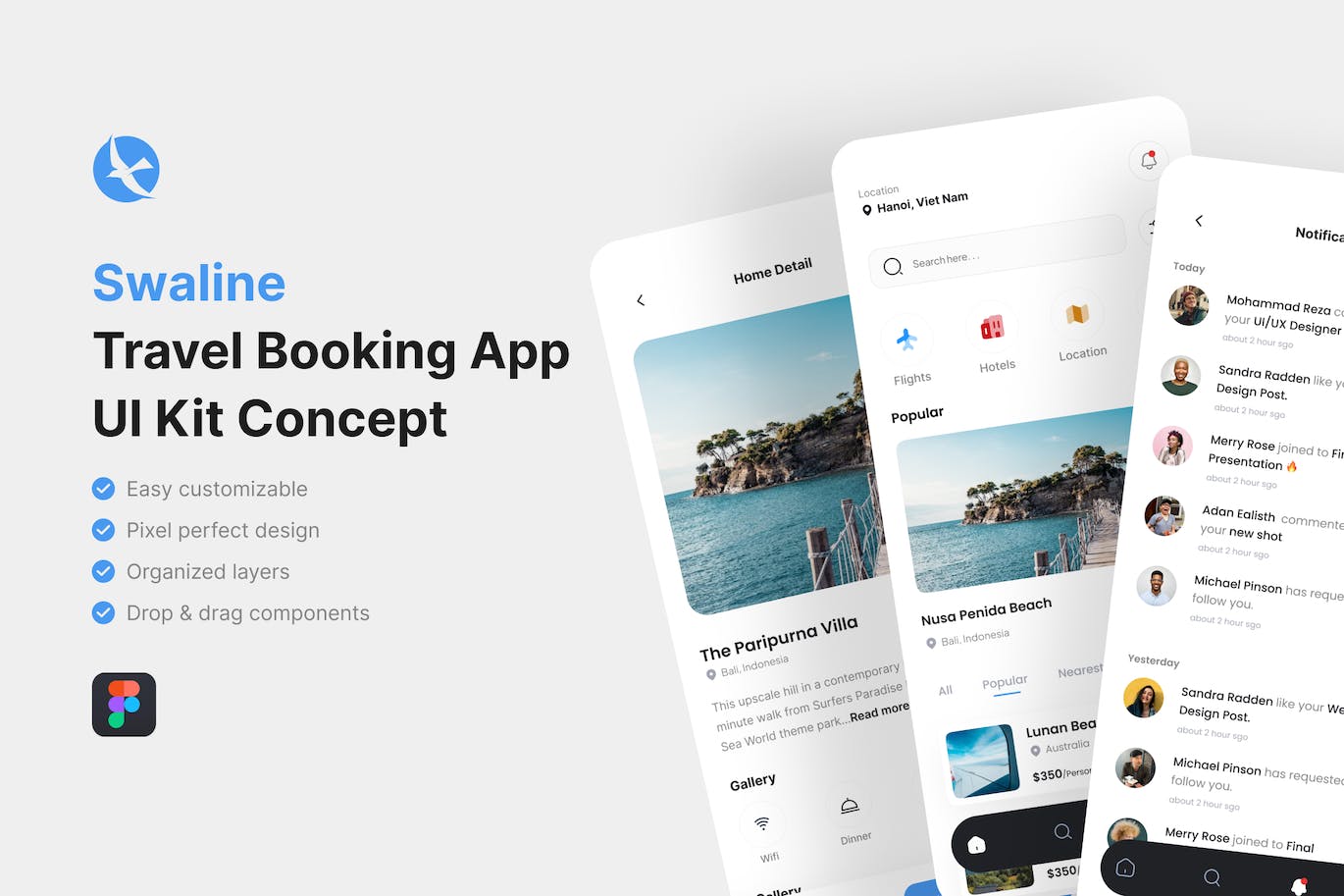 蓝色清爽旅行旅游酒店预订APP UI界面素材包（Figma）