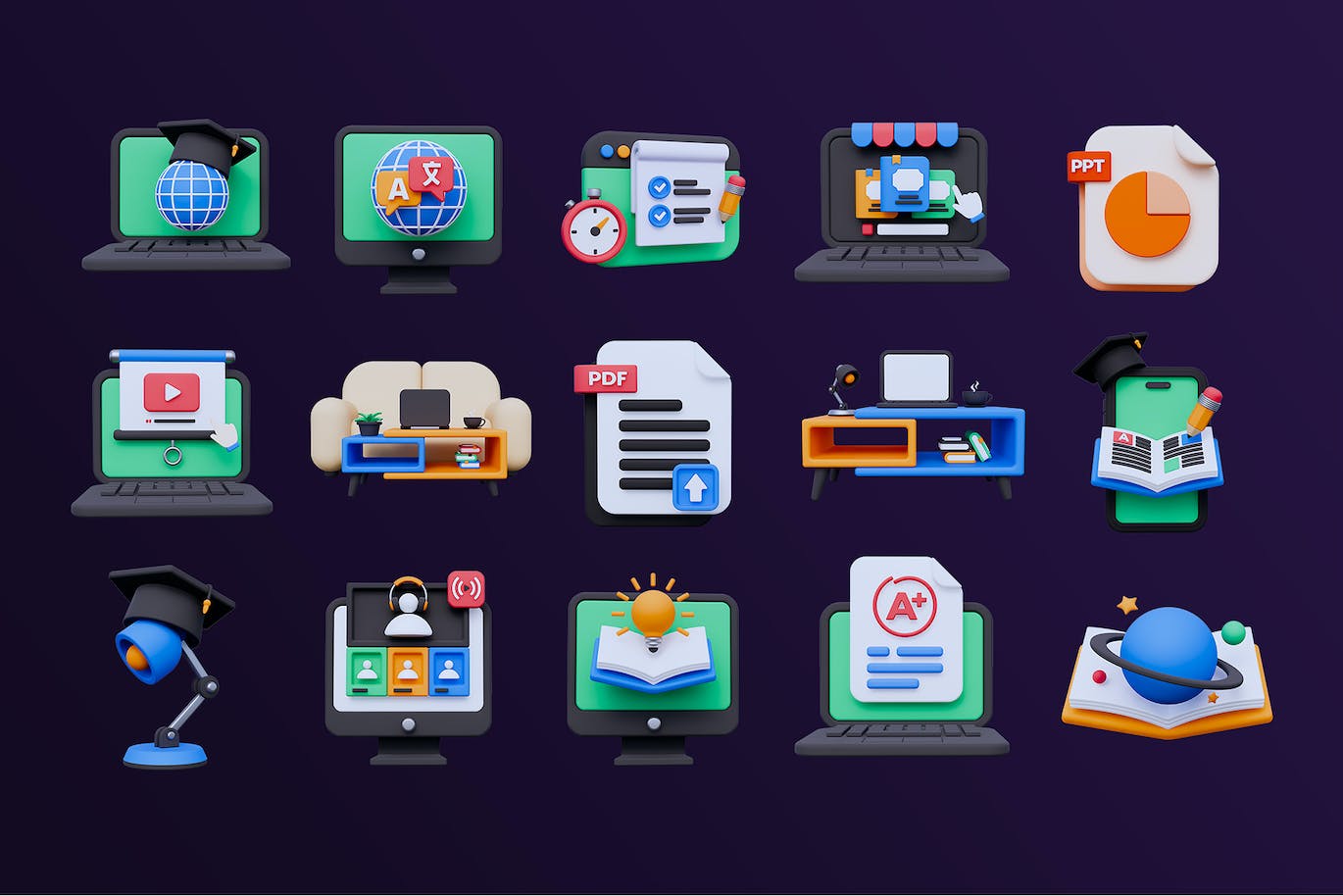 15个绿黑色彩在线教育学习的3D图标素材包