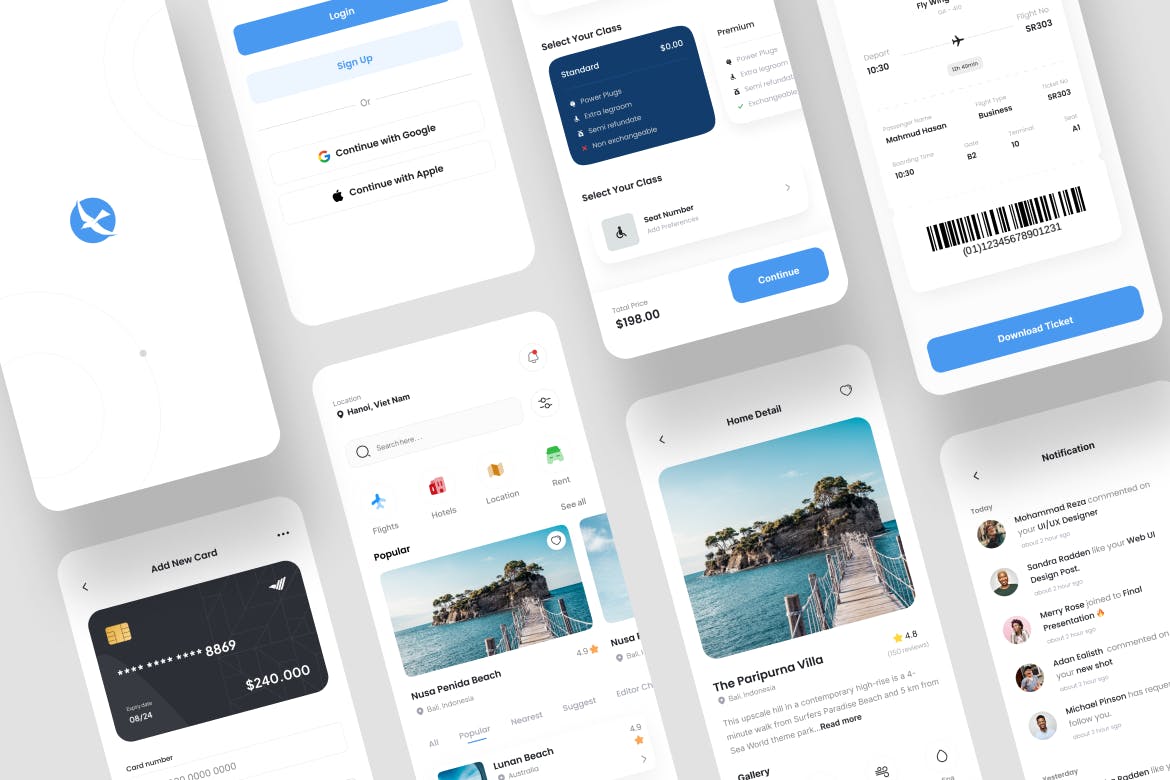 蓝色清爽旅行旅游酒店预订APP UI界面素材包（Figma）