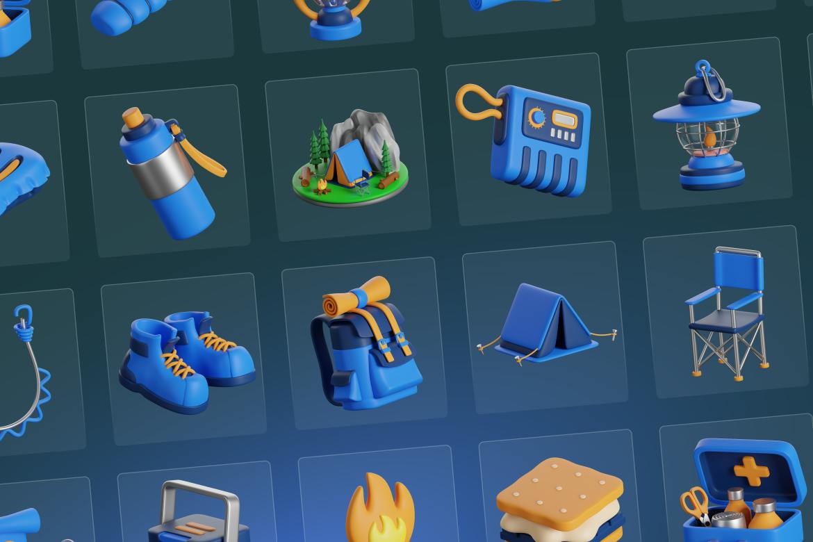 30个露营主题Blender 3D图标素材包