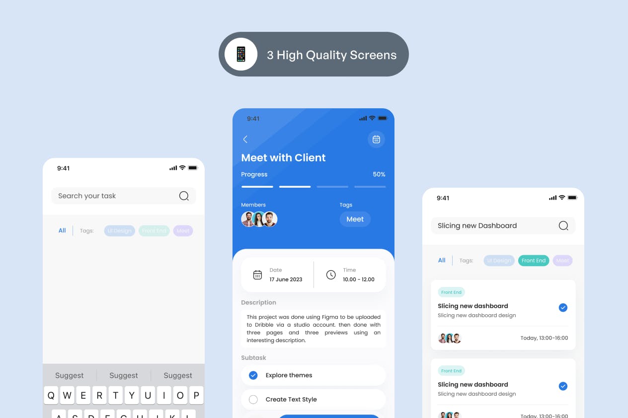 3个蓝色任务管理搜索页面APP UI素材