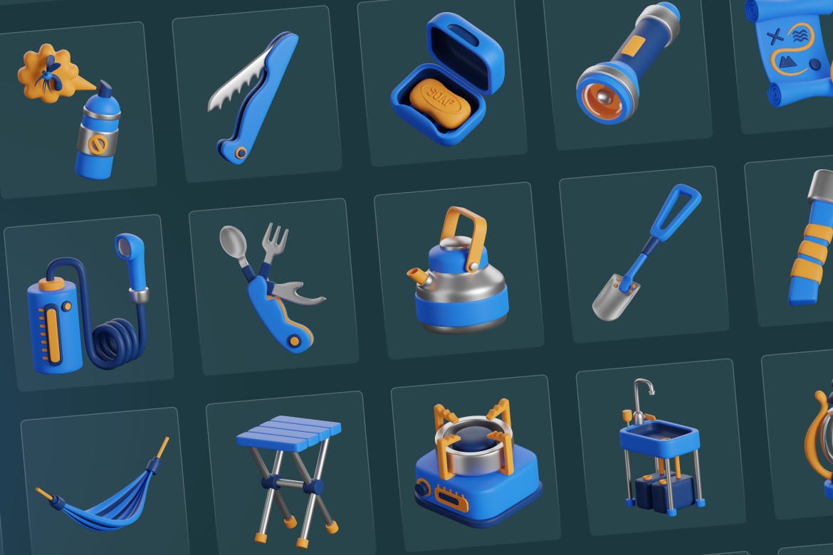 30个露营主题Blender 3D图标素材包