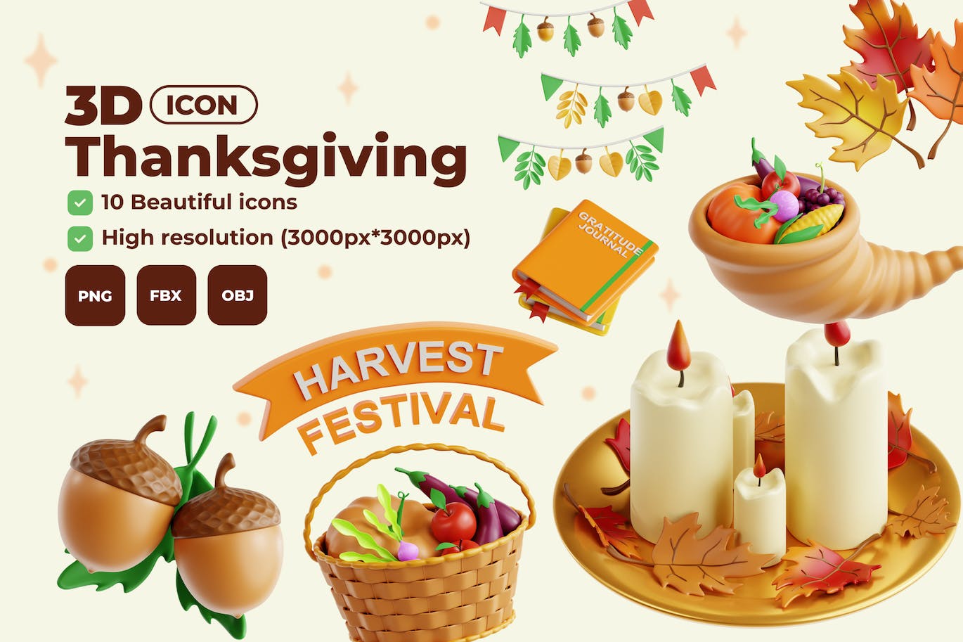 逼真有质感的适用于感恩节的3D图标素材包(PNG,FBX,OBJ)-1 逼真有质感的适用于感恩节的3D图标素材包(PNG,FBX,OBJ)